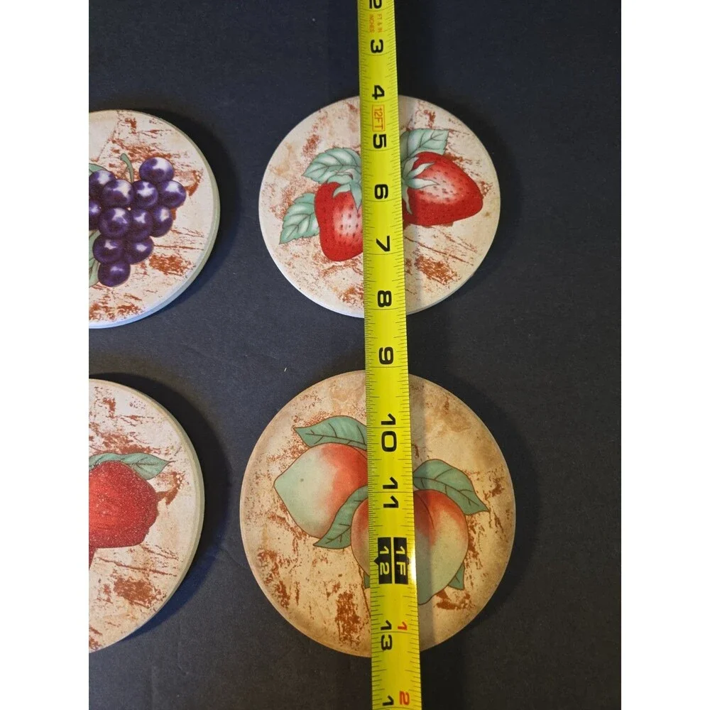 Vintage Circular Ceramic Tile and Cork Coaster Set Fruit Illustrations 4pc